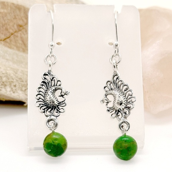STERLING Silver Kingman Green Mojave Turquoise Drop Peacock Earrings - Picture 2 of 3